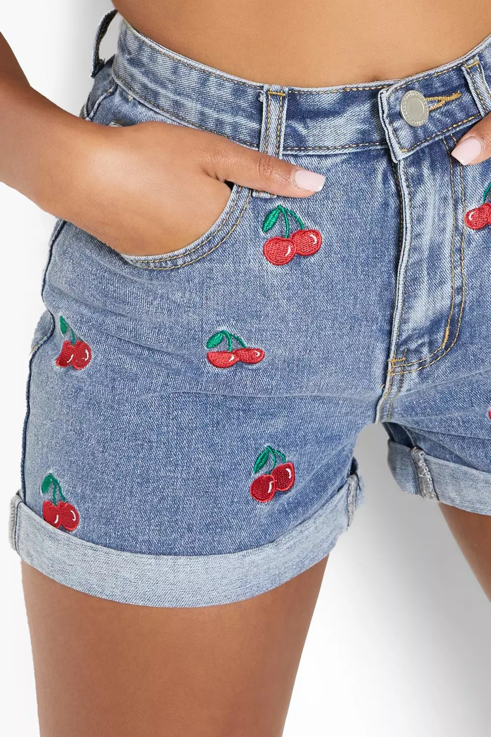 Petite Cherry Embroidered Denim Mom Shorts